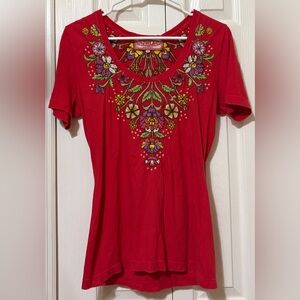 JWLA by Johnny Was Embroidered Short Sleeve Red Blouse Boho Small